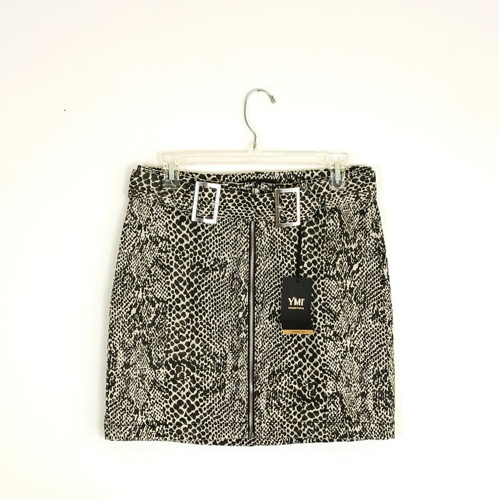 Women's Snake Print Fall Skirt 9 Short Black & White Exposed Zipper Stretch